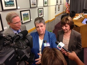 CDFA Secretary Karen Ross (right) and State Board of Food and Agriculture President Craig McNamara join University of California President Janet Napolitano for her announcement of a UC Global Food Initiative.    