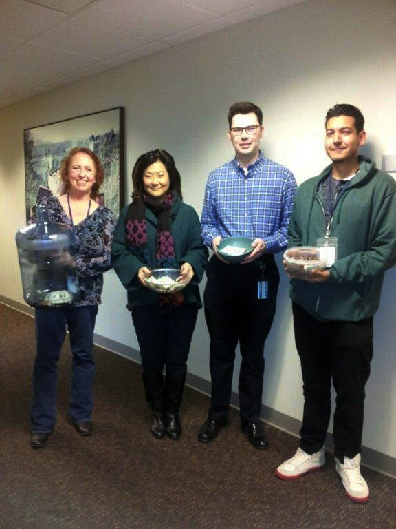 CDFA employees Merry Wells, Debby Tanouye, Conor O'Brien and Jaime XXX rounding up donations of cash for "Coins for Cans." an initative marking the finals days of the California State Employees Food Drive, which will end on January 16. CDFA staffers at headquarters and the Gateway Oaks office donated XXXX, in addition to contributions earlier in the food drive. The goal is to raise 10 million pounds of food. We're close, but we need a final push this week to take us over the top. 