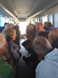 The delegation discusses water and climate change on the bus to the Negev Desert