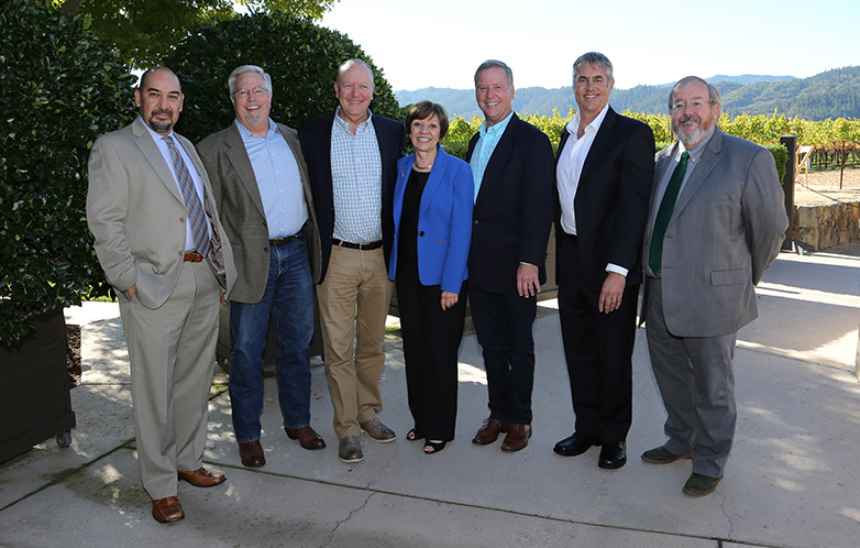 CDFA Secretary Karen Ross (center) with current and former County Agricultural Commissioners whose work was vital to the eradication effort. From left: Humberto Izquierdo (Alameda), Dave Whitmer (Napa, retired), Eric Lauritzen (Monterey), Greg Clark (Napa), Tony Linegar (Sonoma), and Jim Allan (Solano). 