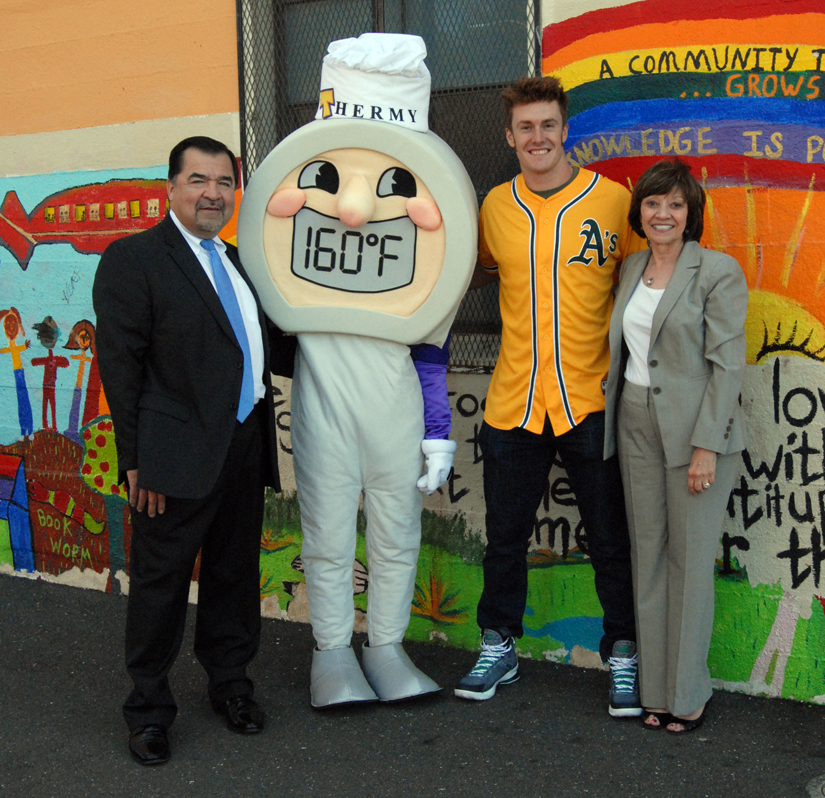Joining "Thermy" for a photo-op are FSIS Administrator Al Almanza, Oakland A's rookie Mark Canha, and CDFA Secretary Karen Ross