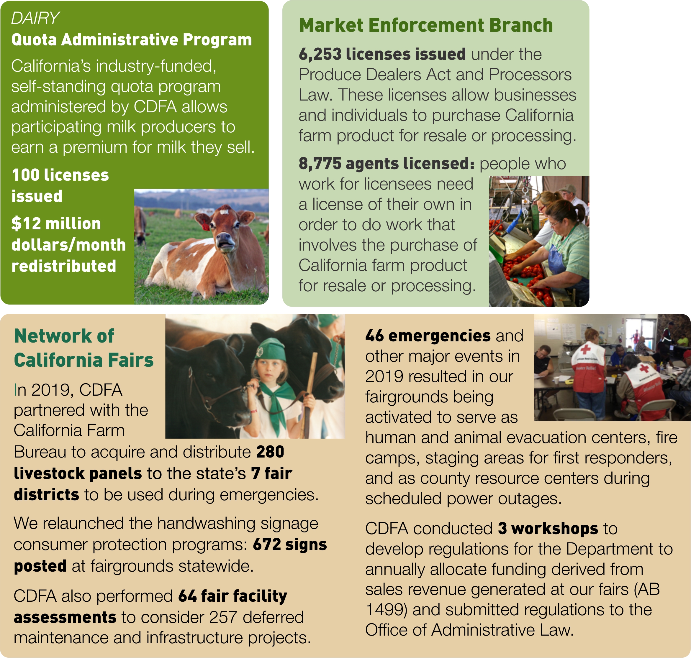 Infographic with details about CDFA's dairy-related Quota Administrative Program, licensing activities of the Market Enforcement Branch, and projects at the Network of California Fairs